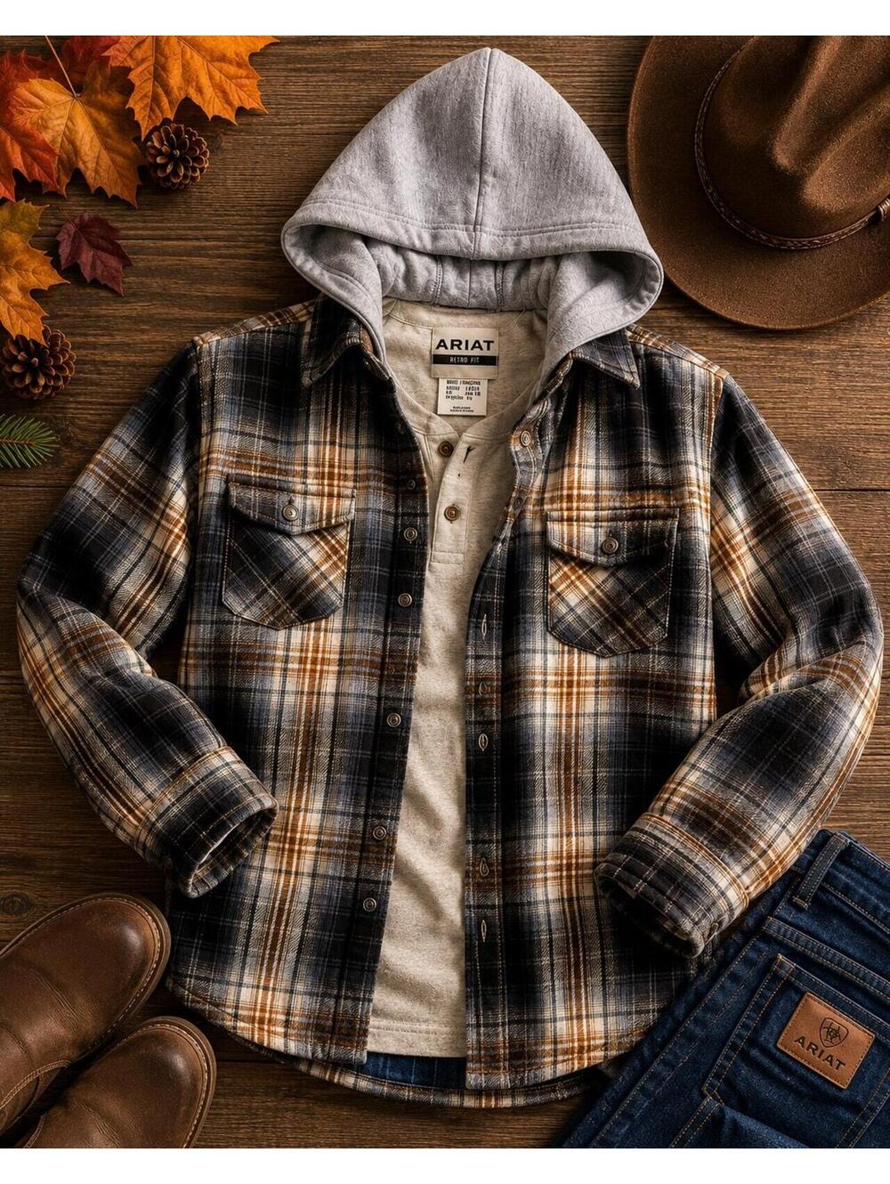 Ariat Retro Fit Boys Plaid Hooded Flannel Jacket/Shirt – Size 14/16